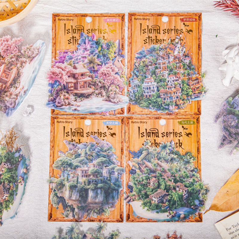 

(3DA) sticker transparan motif pulau pantai pohon sakura beach sky island series