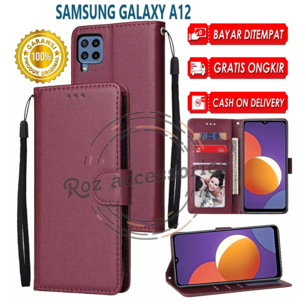 Accessories HP Samsung Galaxy A12 Flip Leather Case Premium Wallet Kulit Sarung Dompet Handphone