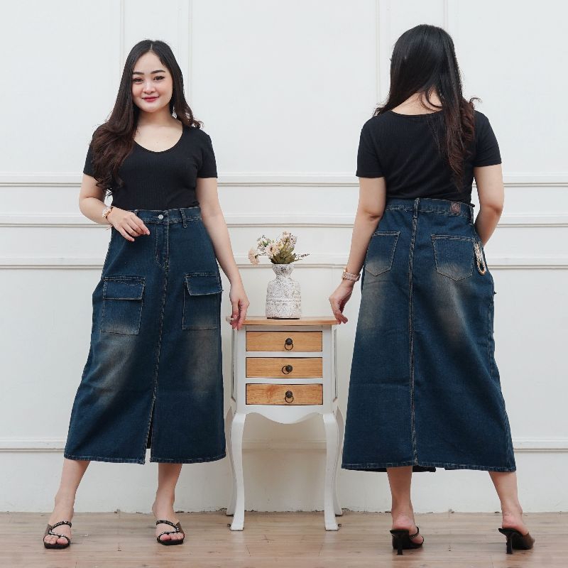 M Jeans Rok Jeans Cargo 7/8 Highwaist Kantong Depan