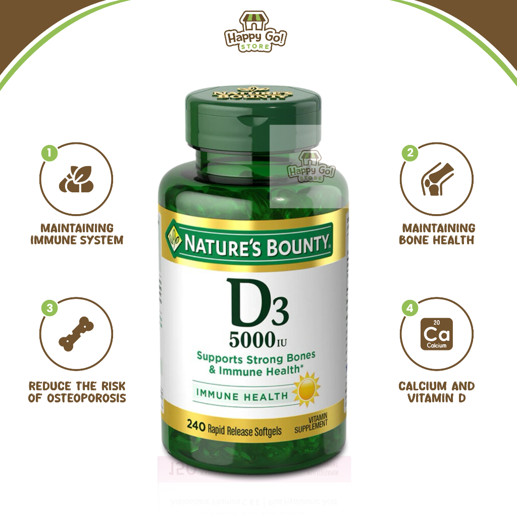 Nature's Bounty Vitamin D3 5000iu Menjaga Imun Tubuh Kesehatan Tulang & Gigi 240 Softgels Original U