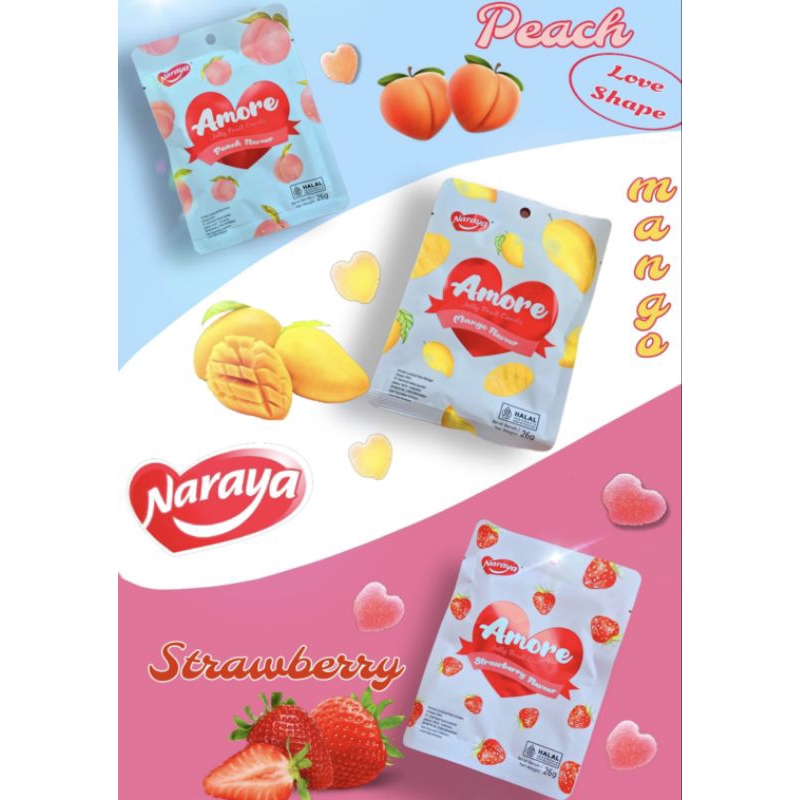 

HALAL NARAYA AMORE JELLY FRUIT CANDY PEACH MANGO STRAWBERRY PERMEN JELLY RASA BUAH BUAHAN 26GR