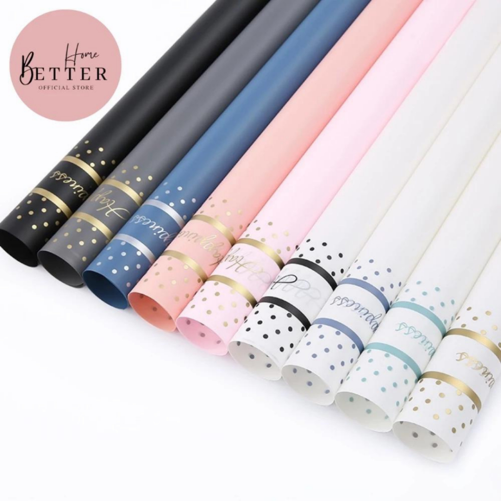 

Better Home - [5 LEMBAR] Kertas Buket Flower Wrapping Paper Happines Motif Polkadot Gold Line EMYAL