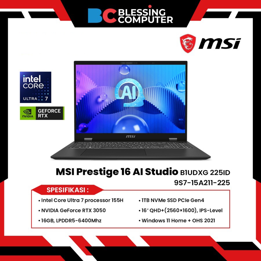 MSI Prestige 16 AI Studio B1UDXG 225ID Core Ultra 7 155H 16GB 1TB 3050 W11 OHS Stellar Gray