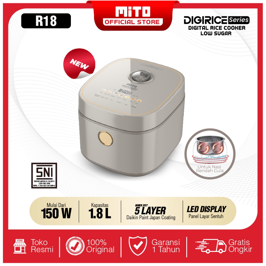MITO Digital Rice Cooker 1.8 Liter R18 - Rice Cooker Low Sugar dengan 8 Menu Preset, Inner Pot Anti 