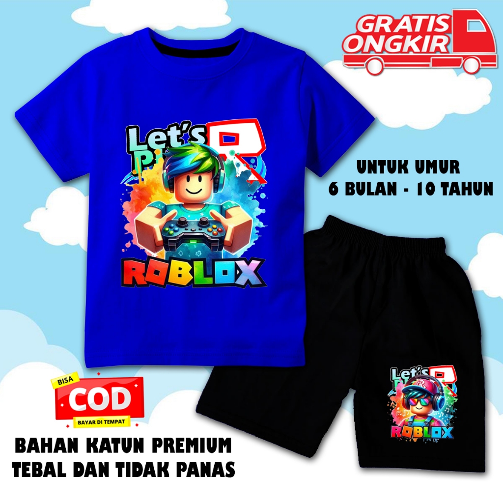 Setelan lengan pendek anak laki laki perempuan set baju kaos pendek anak roblox 2 dtf celana hitam
