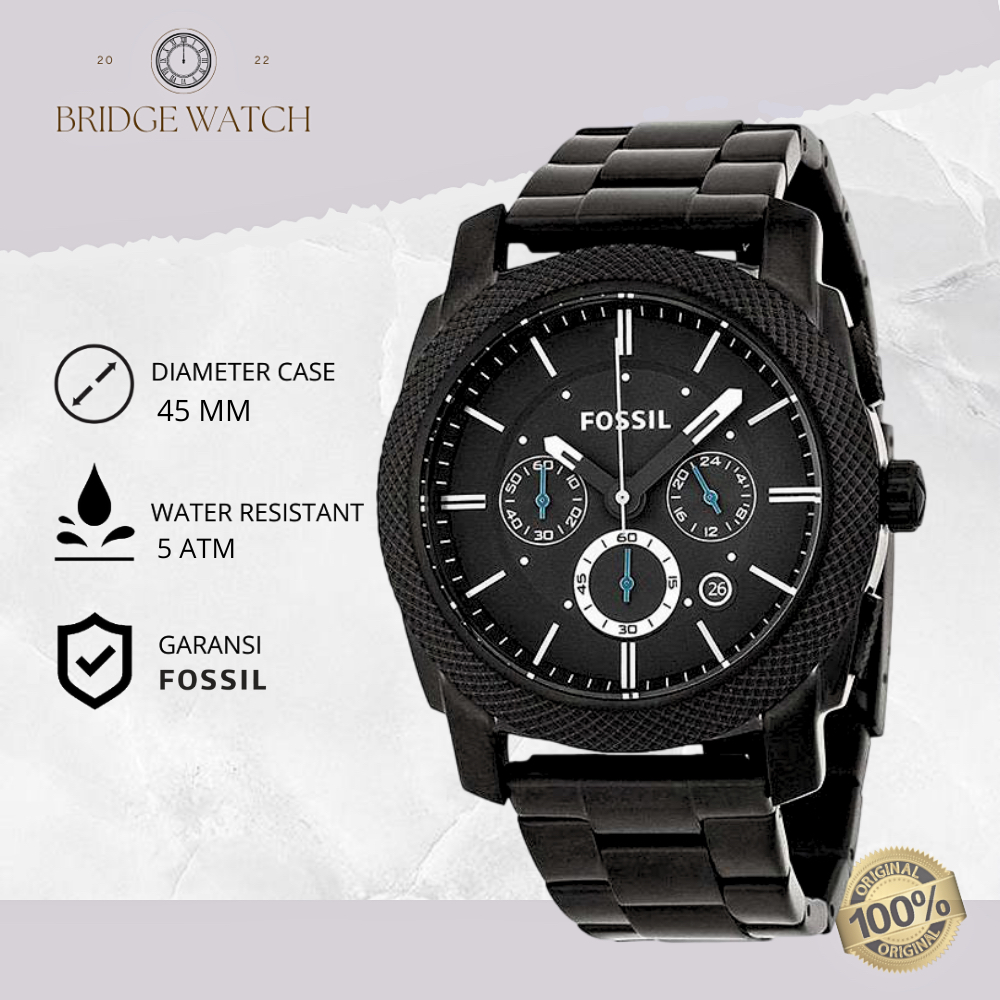 Jam Tangan Fossil Pria Machine Analog Cowok Stainless Steel Black Strap Rantai Hitam Chronograph Lux