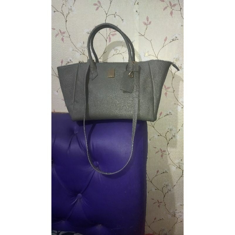 Tas kulit asli brand Couronne warna abu lengkap talpan