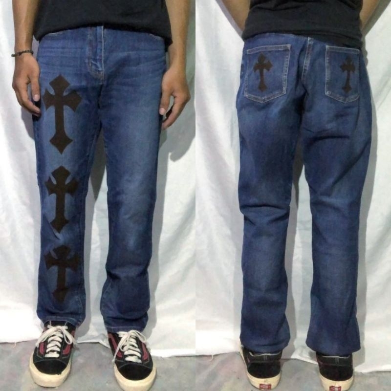 Celana Panjang Longpants Jeans Muji Dark Blue Washed Fading Slim Custom Cross Chrome Hearts Original