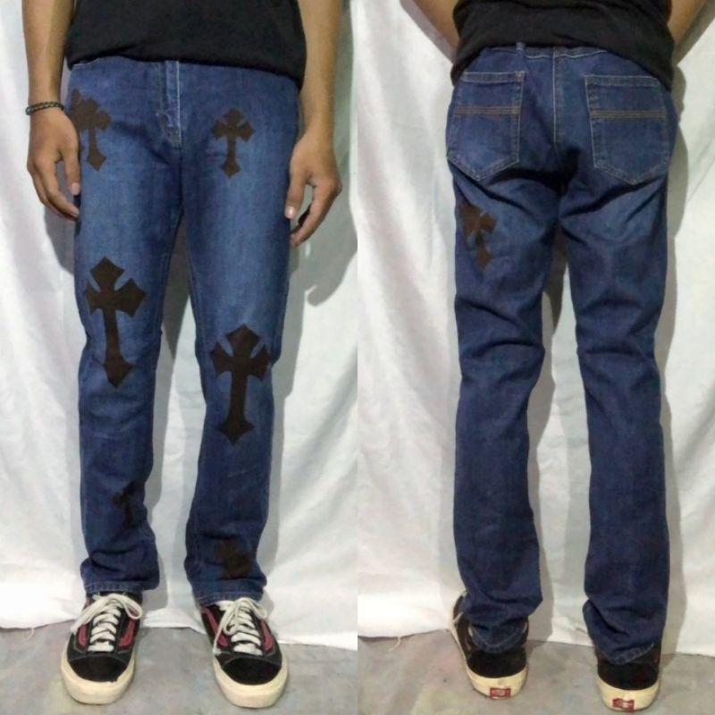 Celana Panjang Longpants Jeans Sourberry Blue Washed Fading Slim Straight Custom Cross Chrome Hearts