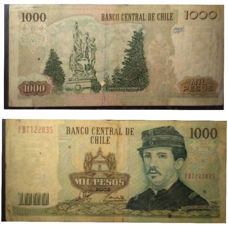 Uang Negara Chile 1000 Peso tahun 2002 Kondisi Kertas Utuh Original 100%