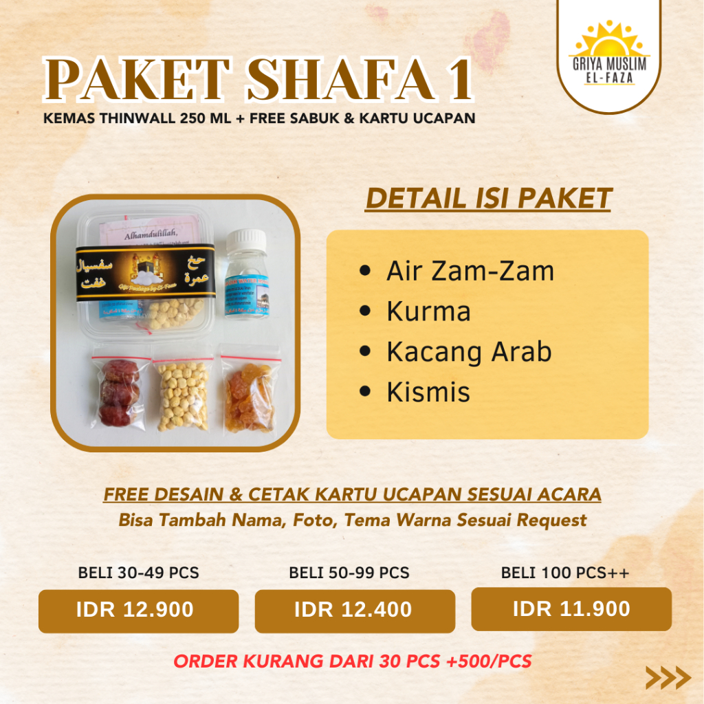 PAKET SHAFA 1 Kemas Thinwall | Snack Arab | Oleh-Oleh Haji | Oleh-Oleh Umroh | Air Zam Zam | Kurma |