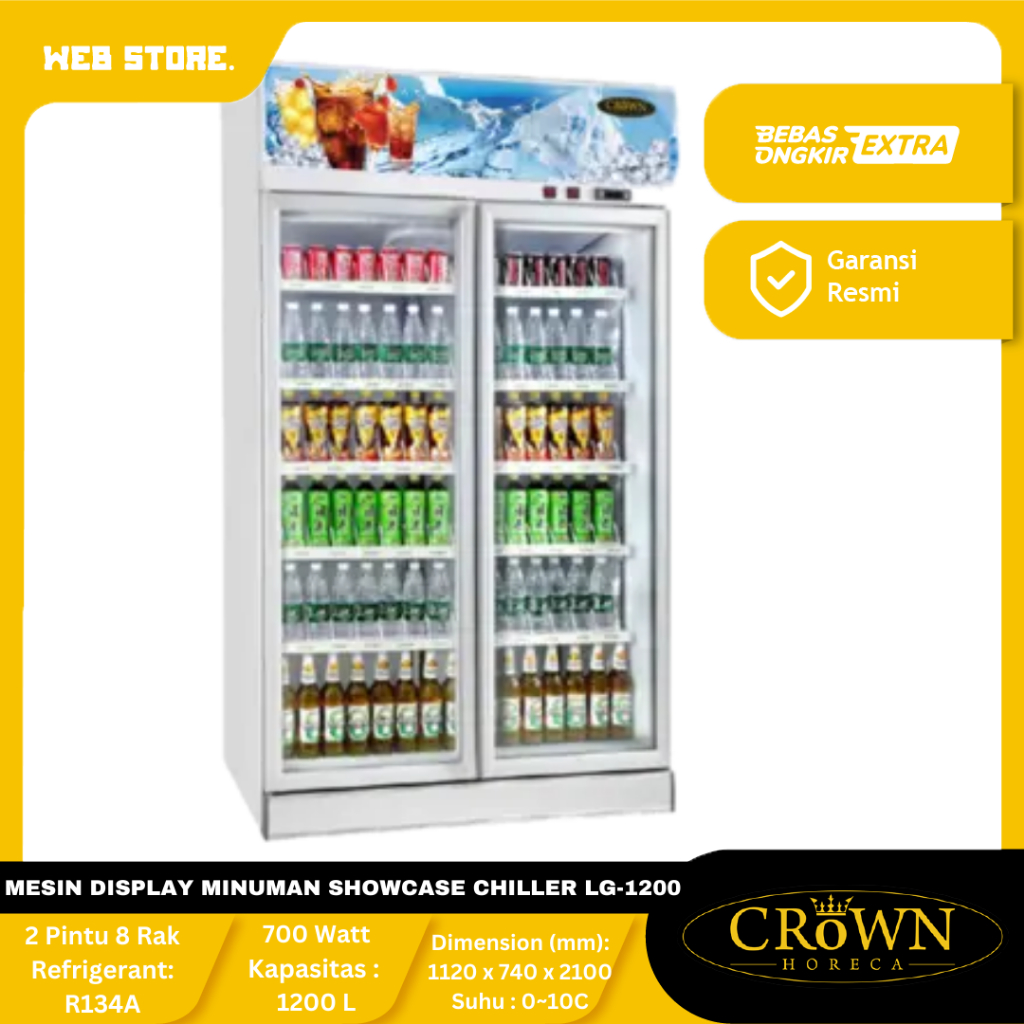 Mesin Pendingin Display Minuman Showcase Chiller 2 Pintu 8 Rak LG-1200 Crown