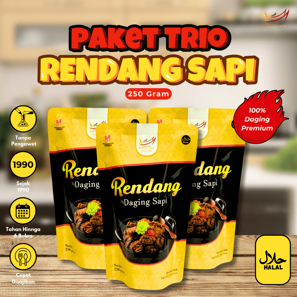 

PAKET TRIO BIJAY Rendang Daging Sapi Minang Asli Padang Sachet Instan Siap Saji Tahan Lama 300 gram