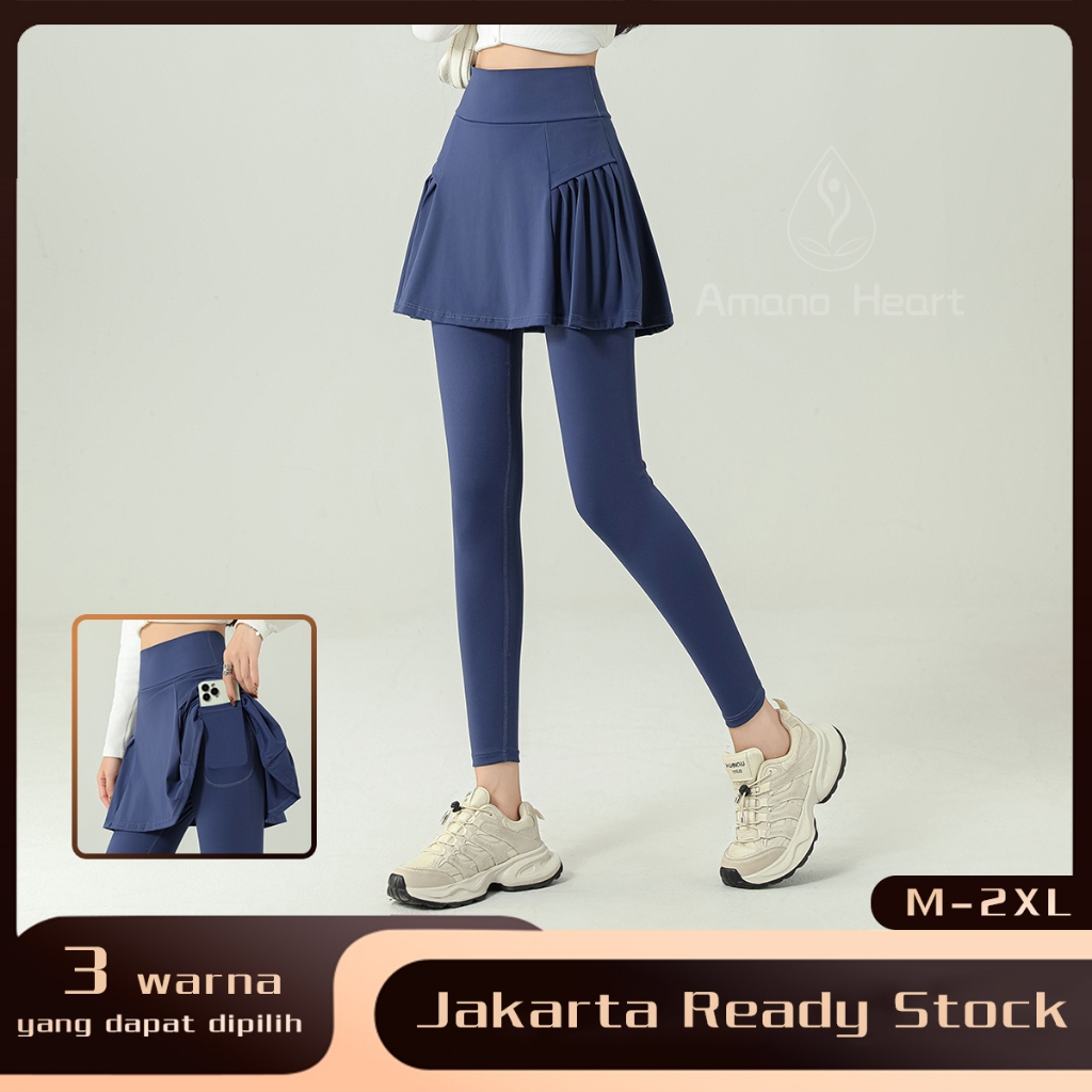 Amanoheart Celana Rok Wanita 2-in-1 Berkantong upsize Legging hitam olahraga Wanita Rok Panjang ukur