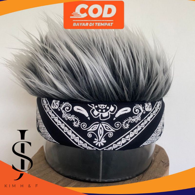 topi rambut palsu motif paisley, peci bulu
