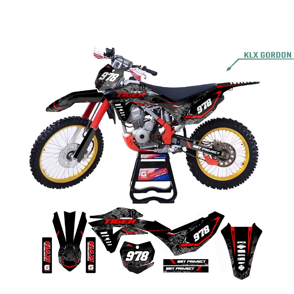 Decal Stiker KlX 150 Gordon Supermoto Dekal Sticker Striping Klx Gordon Full Body hitam list merah s