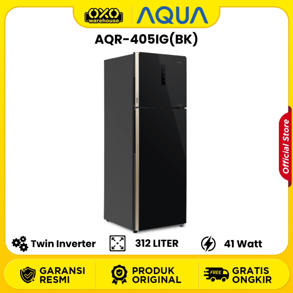 AQUA Kulkas  AQR-405IG BK Lemari Es 2 Pintu 312 Liter Low Watt Garansi Resmi