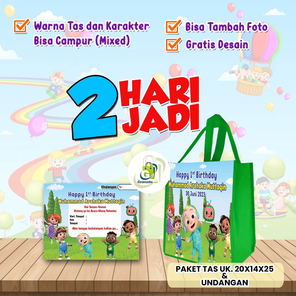 

Perlengkapan Ulang Tahun Tas Goodie Bag 20 X 14 X 25 Dan Undangan Ultah Custom Nama 2 hari Jadi