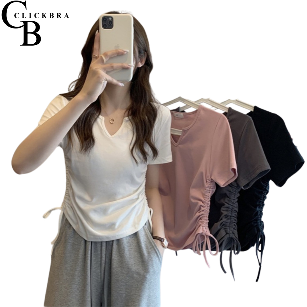 CLICKBRA | BJ1668 Baju Wanita Kaos Spandek Korea T-shirt Lengan Pendek Ramping Tali Serut V-Neck