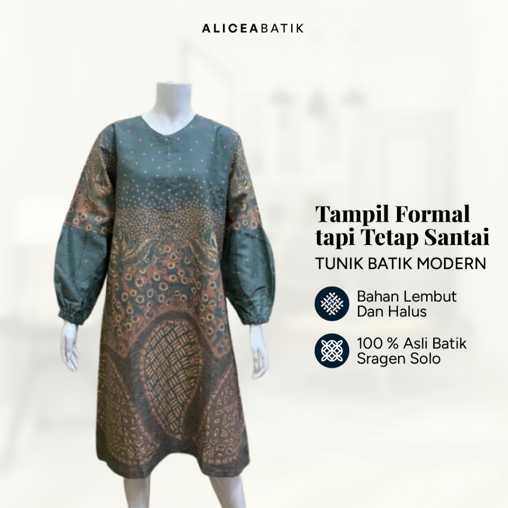 Tunik Dress Batik Solo Modern Atasan Lengan Balon Baju Wanita Kekinian Premium By Alicea Batik