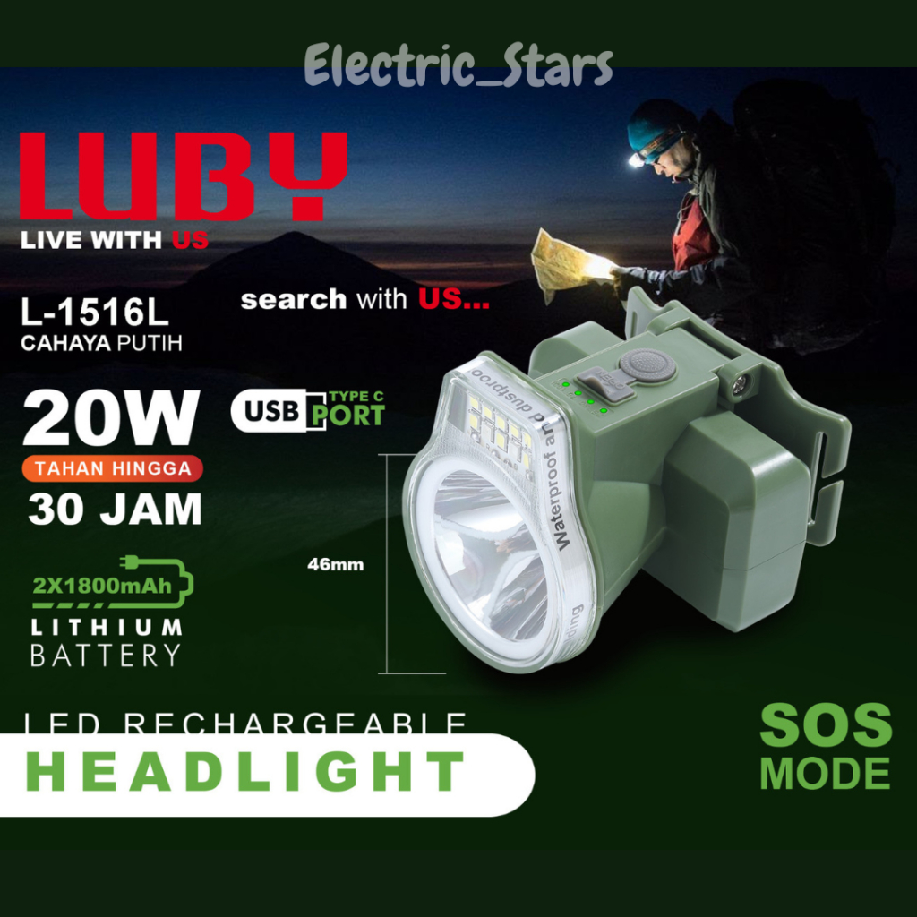 Luby Headlamp / Senter Kepala 20W L1516L Cahaya Putih