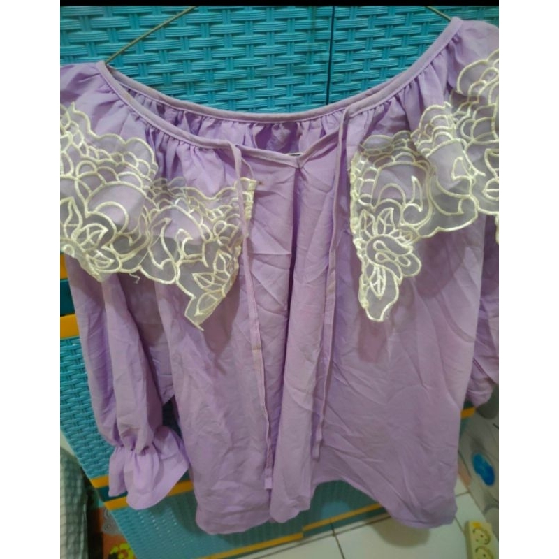 PROMO RealPict New Blouse/Blus Lilac LD 110-120cm PB 65cm Sifon Kerah Sailor/Tangan Terompet Panjang