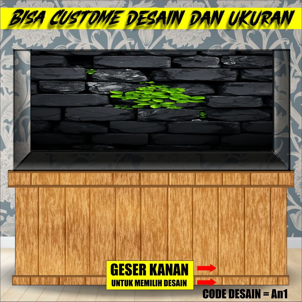stiker background aquarium 3d timbul custome jumbo kaca akrilik besar full set batu rumput ao