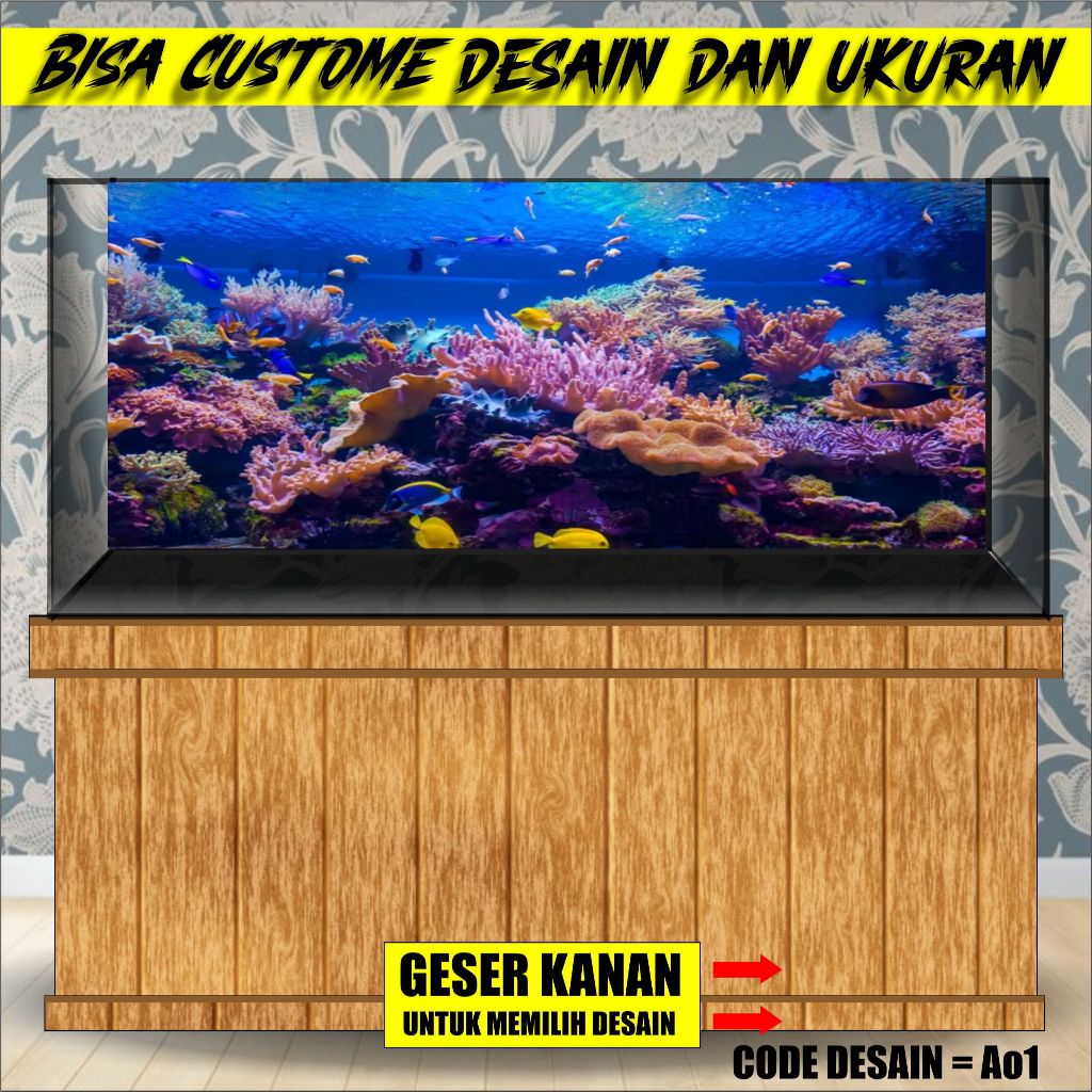 stiker background aquarium 3d timbul custome jumbo kaca akrilik besar full set coral ao