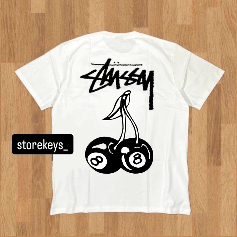 (FREE PAPPER BAG) TSHIRT STUSSY CHERRY KAOS STUSSY CERI BLACK WHITE