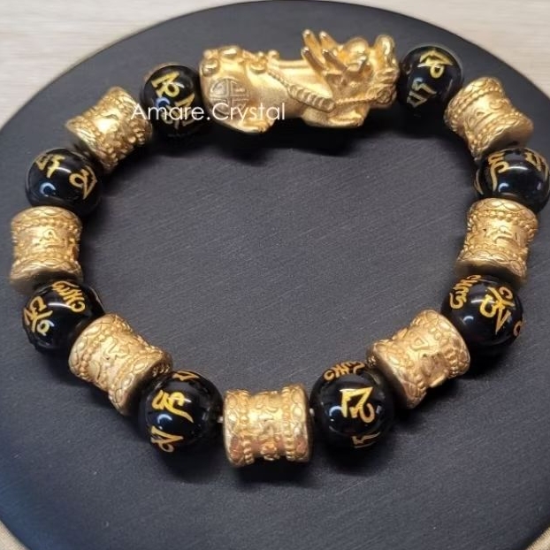 Bracelet Black Obsidian Pixiu Gold Spacer Red Tiger's Eye Gelang Batu Kristal Crystal