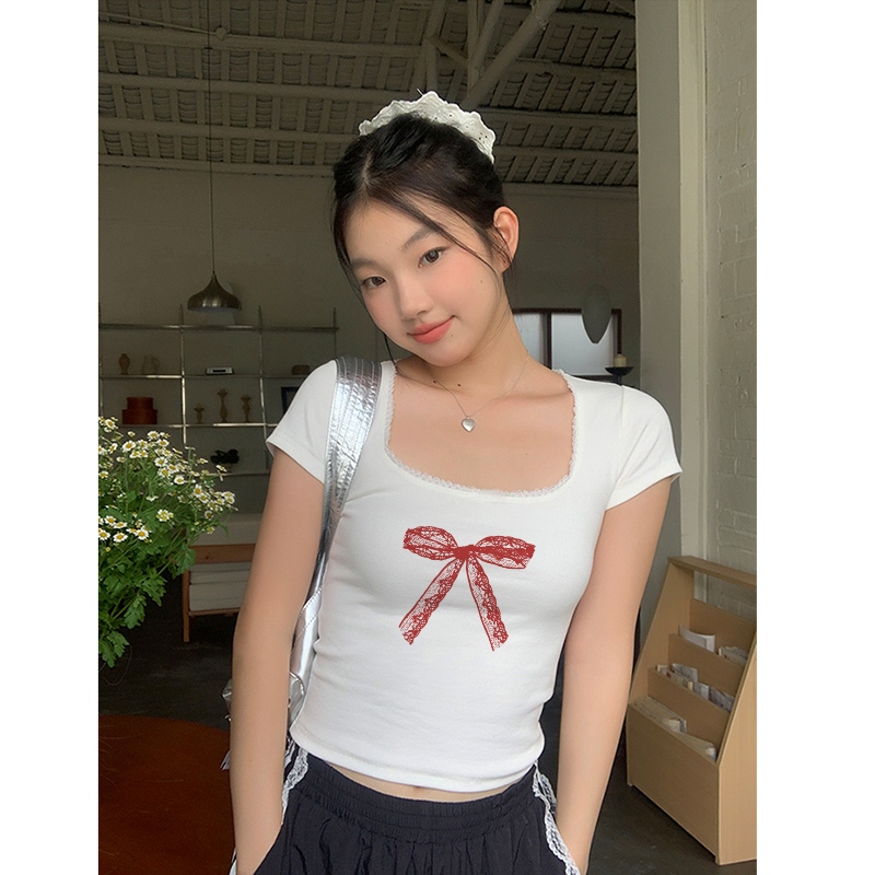 Baju Atasan Wanita Terbaru Lengan Pendek Putih Lace U-Neck Merah Kaos Butterfly Slim Sexy Crop Top Y