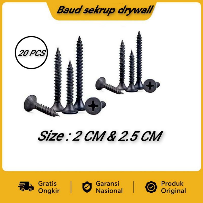 (20 Pcs) baut sekrup kayu drywall / sekrup Gypsum baja / sekrup kayu