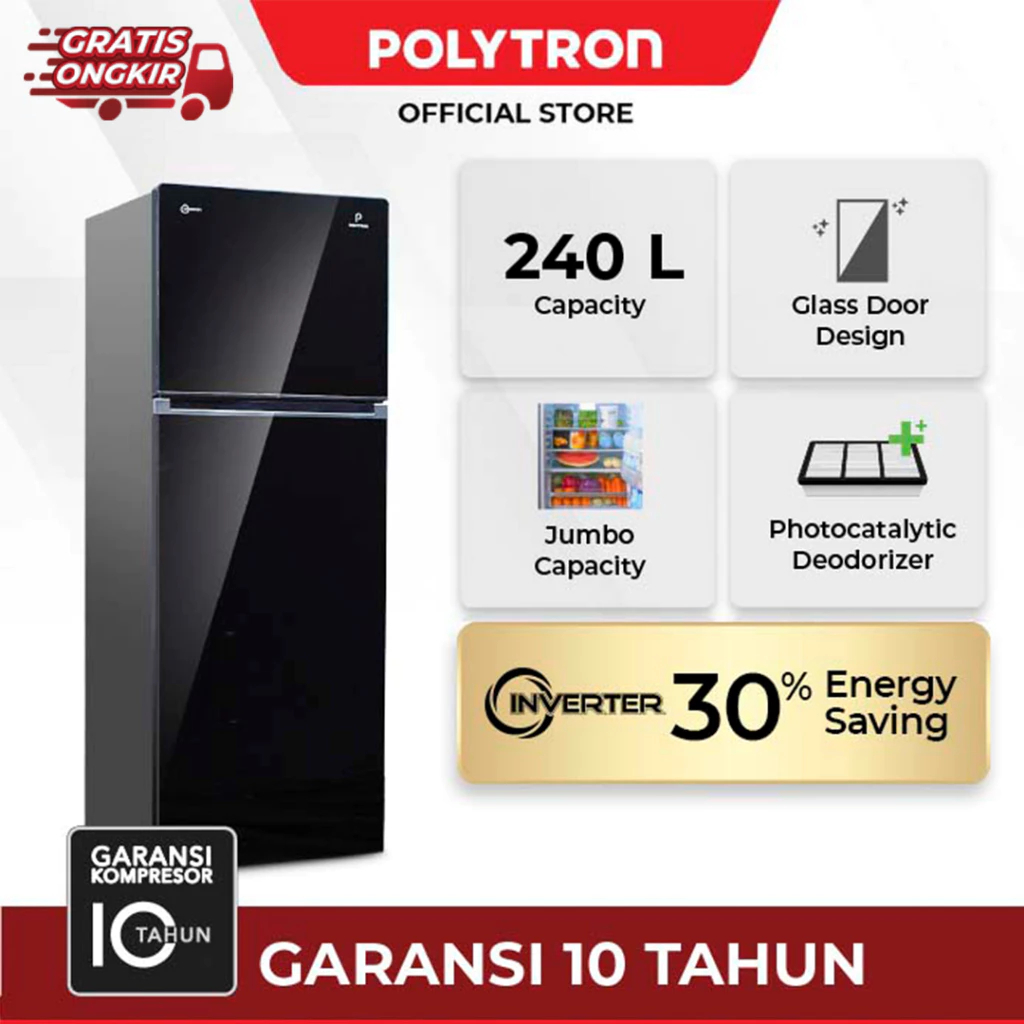 POLYTRON Kulkas 2 Pintu Belleza Jumbo Inverter 240 Liter Inverter PRW 25VX