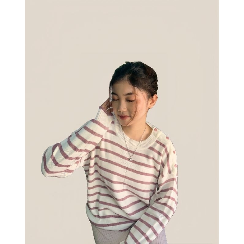 Yeri korean sweater stripe 4 button sweater wanita korea stripe kancing bahu