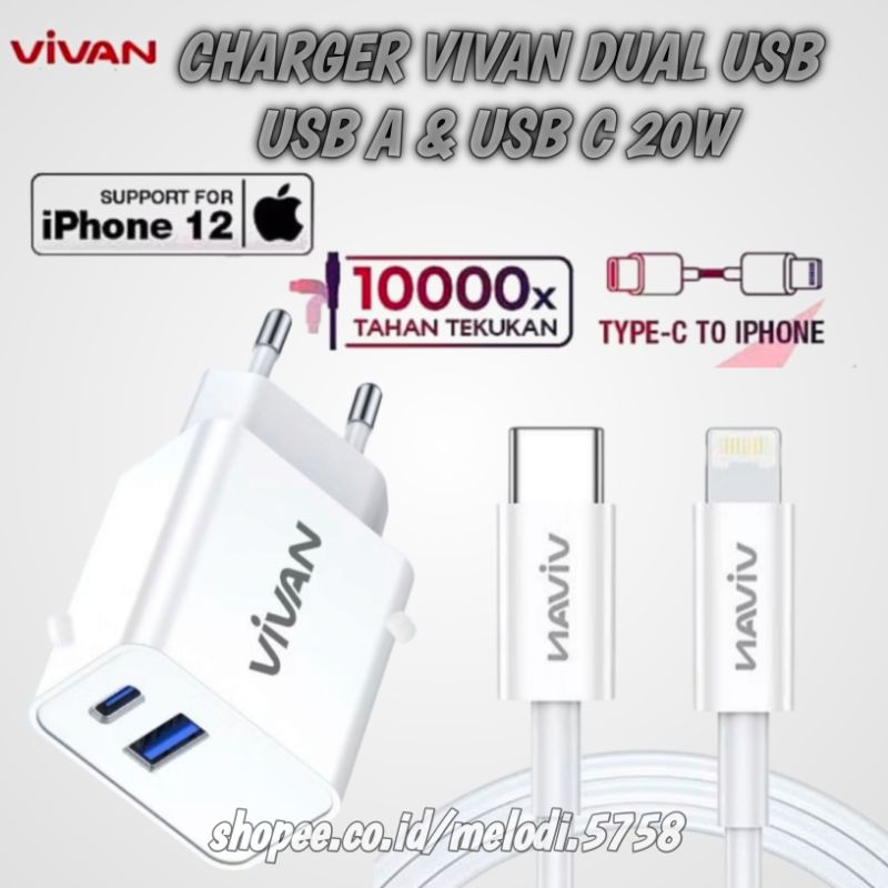 20W 25W Charger VIVAN DUAL USB Kabel C to Lightning Power charge 25W FastCharging QC 4.0 IPHONE XR X