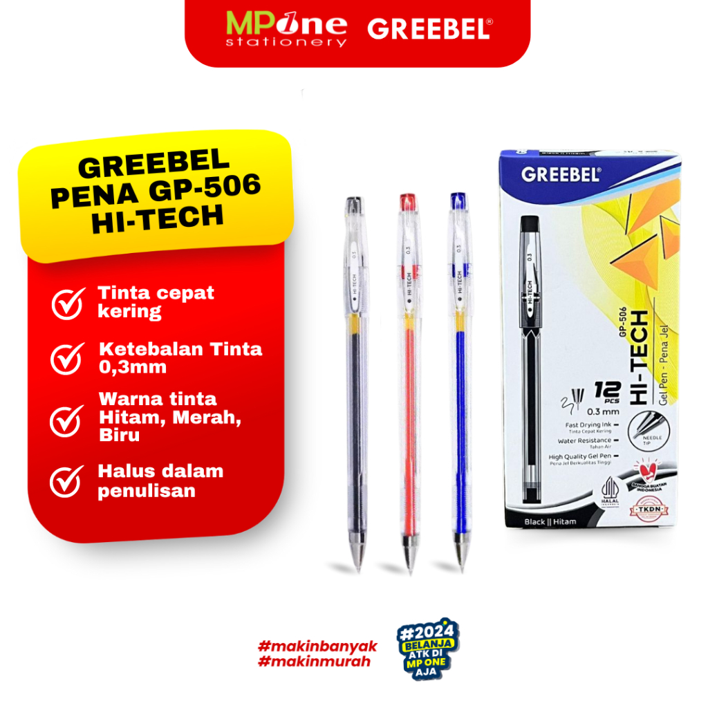 

(1 PCS) Greebel Pena HI-TECH Tinta Hitam/Biru/Merah 0,3mm GP-506 / Pulpen Gel Greebel hi-tech