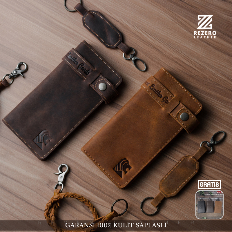 Dompet Panjang Pria Kulit Asli Leather Long Wallet Bahan Crazy Horse Cowok Berdiri Branded Original