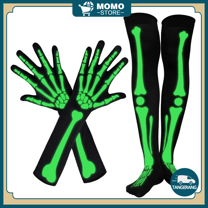 Kaos Kaki Stocking Skull Glow In The Dark Sarung Tangan Tengkorak Skul Luminous Kostum Halloween