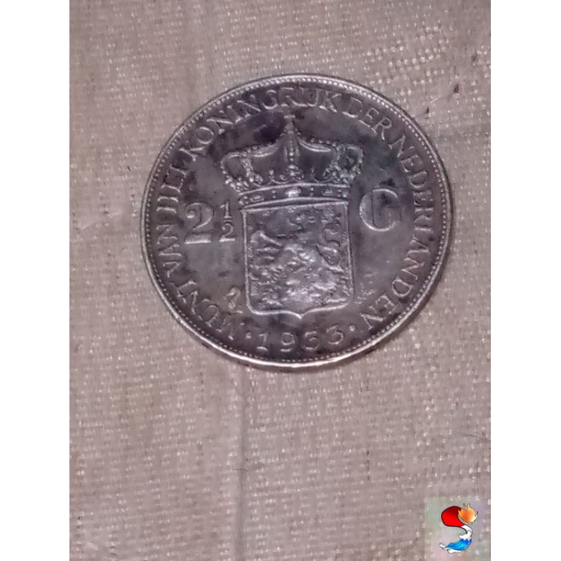 Koin Silver Kuno Antik Asli 2,5 Gulden Wilhelmina Nederlanden 1933