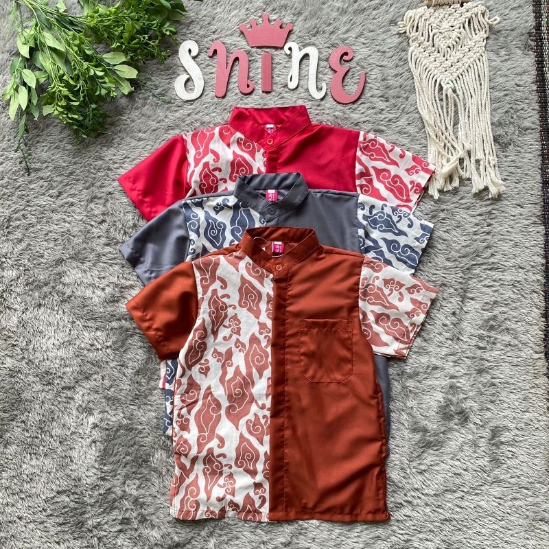 Shine Kemeja Hem Batik Anak Nathan Merah Abu Ungu Terracotta Kombinasi Motif Kawung Polos Kerah Koko