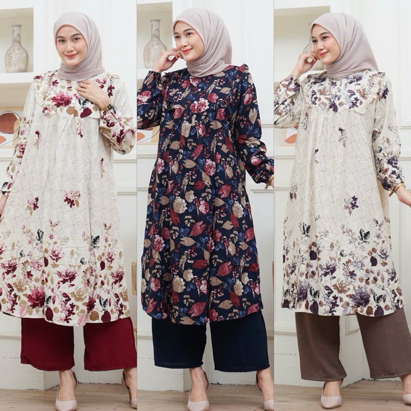Setelan Oneset Long Tunik Rayon Viscose Celana Crinkle Premium Busui Freindly Nyaman
