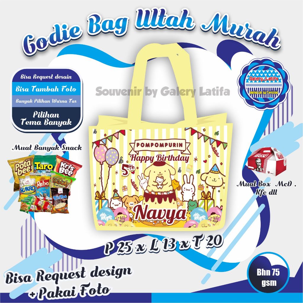 

Godie Bag Ultah / Tas Ultah Custom Desain dan Tambah Foto Tema POMPOMPURIN