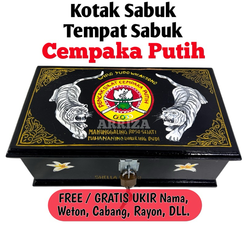 Kotak Sabuk Mori Cempaka Putih Dari Kayu Jati Motif Ukir Warna Harimau Macan Putih (FREE UKIR NAMA) 