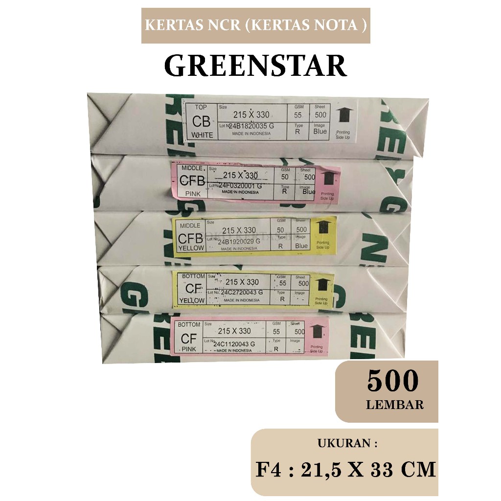 

KERTAS NCR / CARBONLES PAPER GREENSTAR UK FOLIO ( 21,5 X 33 CM ) , TOP / MIDDLE / BOTTOM , 1 RIM / 500 LEMBAR