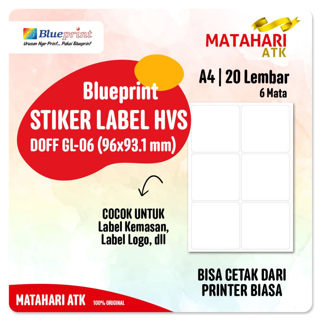 

Kertas Stiker Label HVS Doff A4 BLUEPRINT Uk 96 x 93,1 mm - 20 lembar