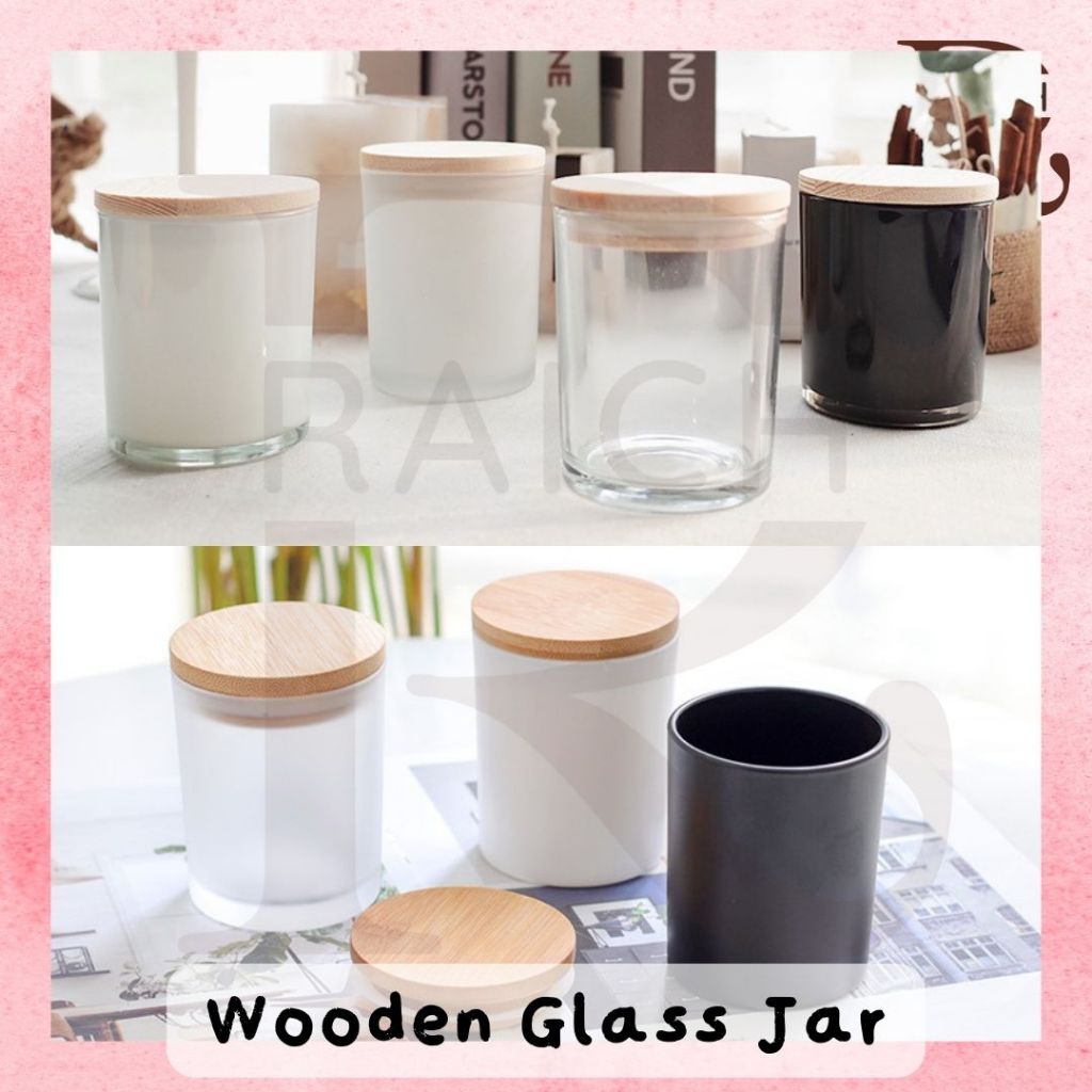 200ml / 175gr WOOD JAR GELAS KACA TUTUP KAYU | Wadah Lilin Scented Candle Container Toples Bumbu Rem