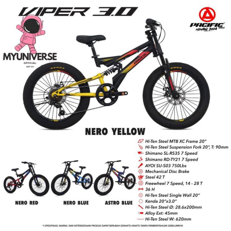 SEPEDA GUNUNG MTB PACIFIC VIPER 3.0 BAN JUMBO UKURAN 20 INCH SUSPE MIRAH