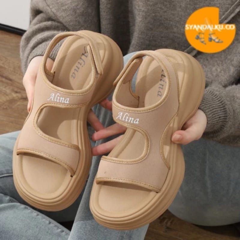 KKY-Sandal Gunung Slop Velcro Alina Polos Cantik Kekinian Korean Hak 5cm