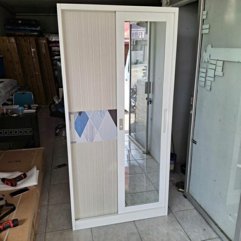 Lemari Pakaian / Baju Besi Pintu Sliding / Geser 90cm Kaca Full Gantungan Gamis