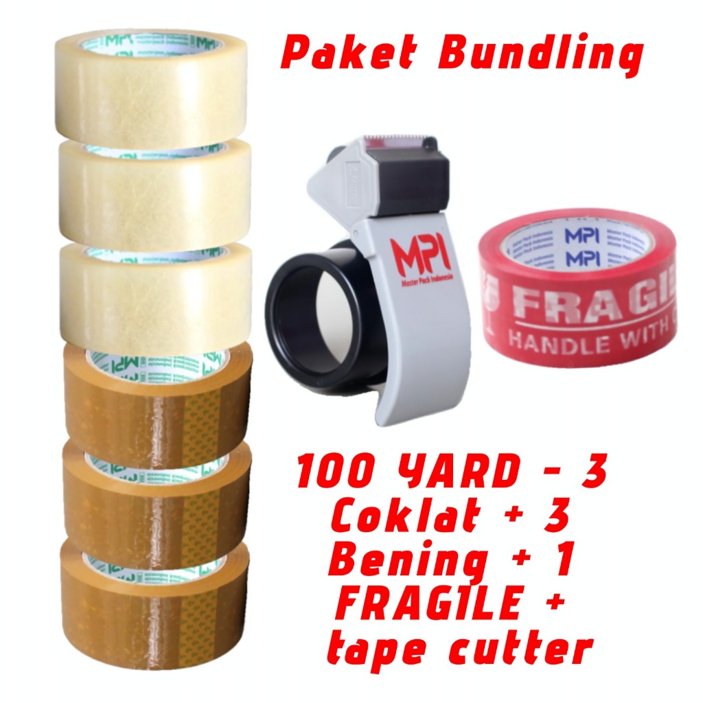 

PROMO BUNDLING - [ 6 PCS ] Lakban Bening / Coklat + Fragile 100 Y + Tape Cutter MPI Berkualitas PAKET PACKING HEMAT AMAN